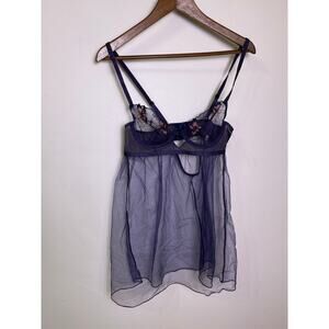 NWT Adore Me Navy Blue Floral Embroidered Mesh Babydoll Lingerie Butterfly 34B